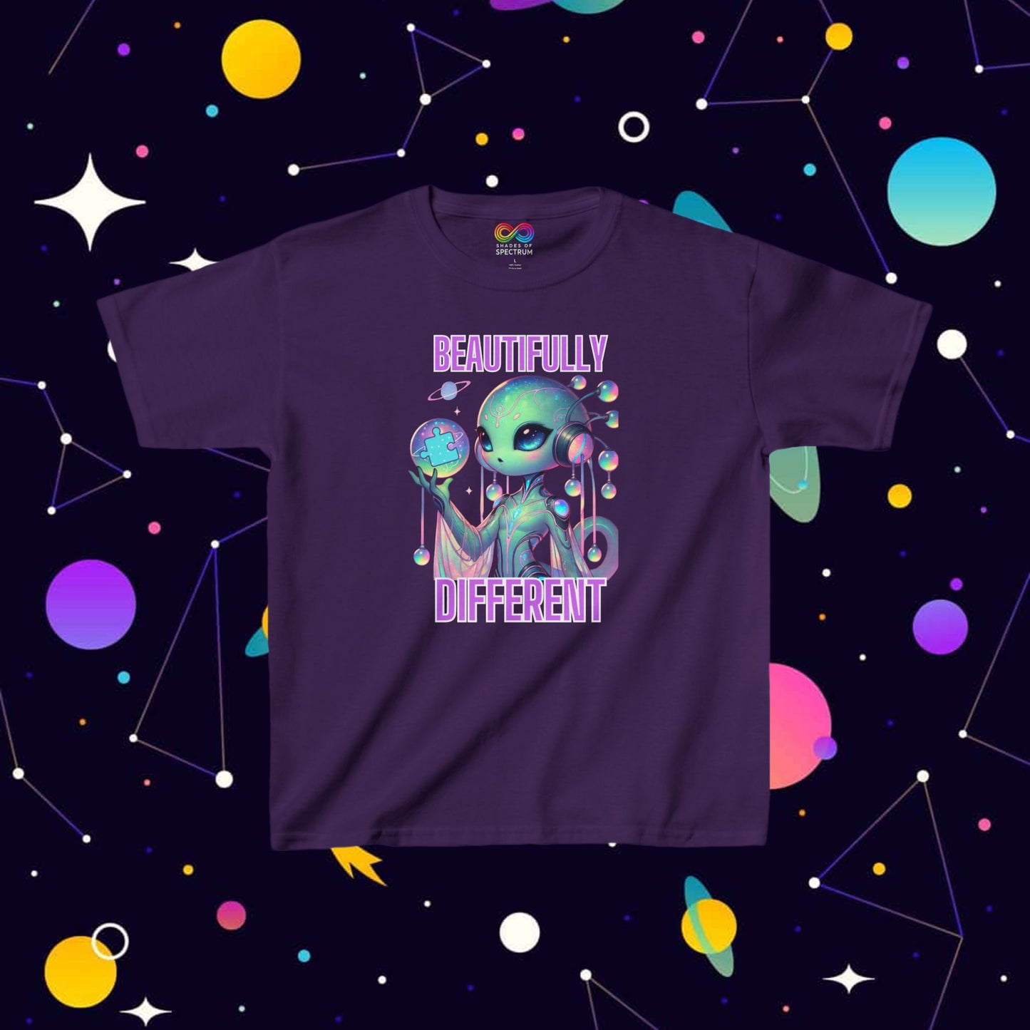 Kids Cute Alien T-Shirt -Beautifully Different- Autism Awareness